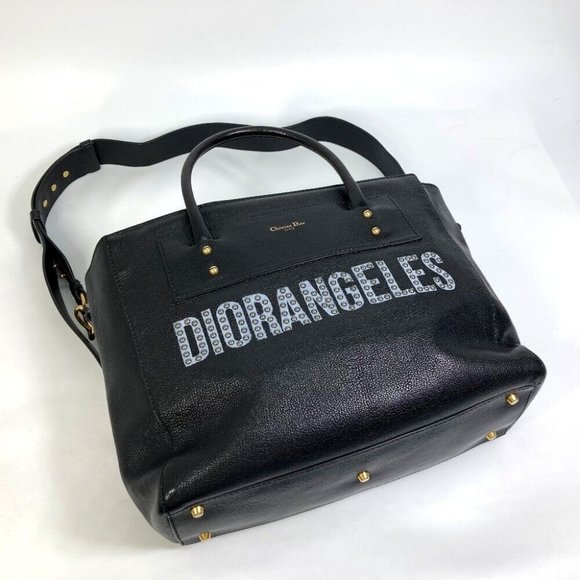 AUTHENTIC Christian Dior Logo studs DIORANGELS 2WAY Tote Bag Leather Black - Picture 4 of 14